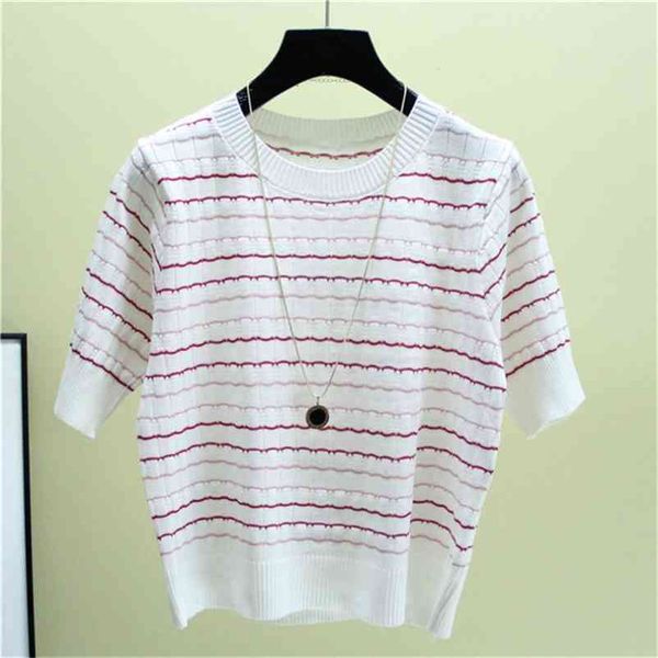 big size casual stripe thin women's knitwear t-shirt korean fashion short sleeve knitted femlae summer o-neck pullover tees 210522, White
big size casual stripe thin women's knitwear t-shirt korean fashion short sleeve knitted femlae summer o-neck pullover tees 210522, White