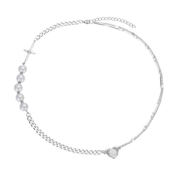 chains necklace for men pearl titanium steel cross splicing women hip hop personality versatile non fading clavicle chain, Silver