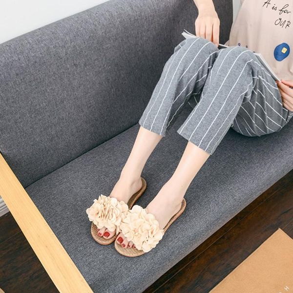 slippers women flax summer boho shoes outdoor slipper woman open toe floral decro linen slides female sandals flip flops, Black