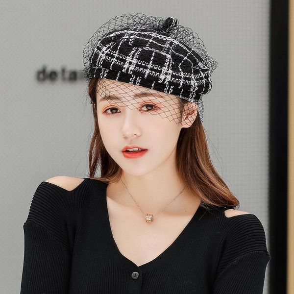 berets hats for women korean fashion black and white plaid lace wedding dress beret autumn winter warmth thickening sboy cap, Blue;gray
berets hats for women korean fashion black and white plaid lace wedding dress beret autumn winter warmth thickening sboy cap, Blue;gray