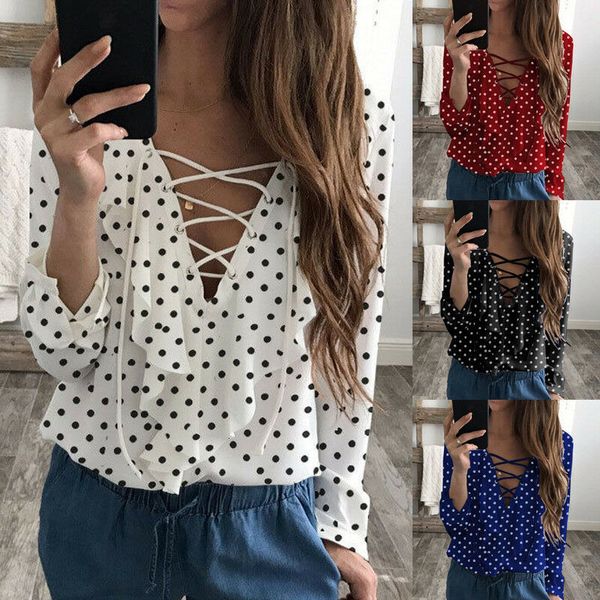 fashion womens t long sleeve loose blouse v neck casual dot shirt summer chiffon, White
fashion womens t long sleeve loose blouse v neck casual dot shirt summer chiffon, White