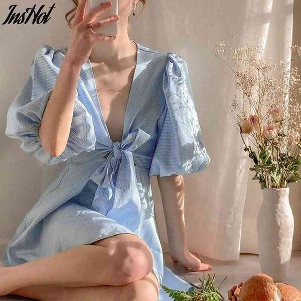 women's sweet short puff sleeve dress plaid pattern bandage deep v-neck hollow loose casual summer mini dress 210514, Black;gray
women's sweet short puff sleeve dress plaid pattern bandage deep v-neck hollow loose casual summer mini dress 210514, Black;gray