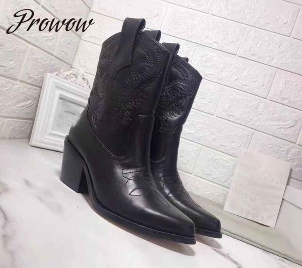 boots genuine leather pointed toe brand women autumn winter thick heel mid calf cowboy shoes, Black
boots genuine leather pointed toe brand women autumn winter thick heel mid calf cowboy shoes, Black