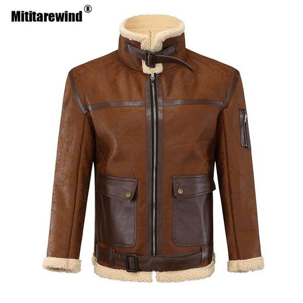 drop winter pu leather jacket men thick warm wool liner windbreaker coat faux motorcycle man men's fur &, Black
