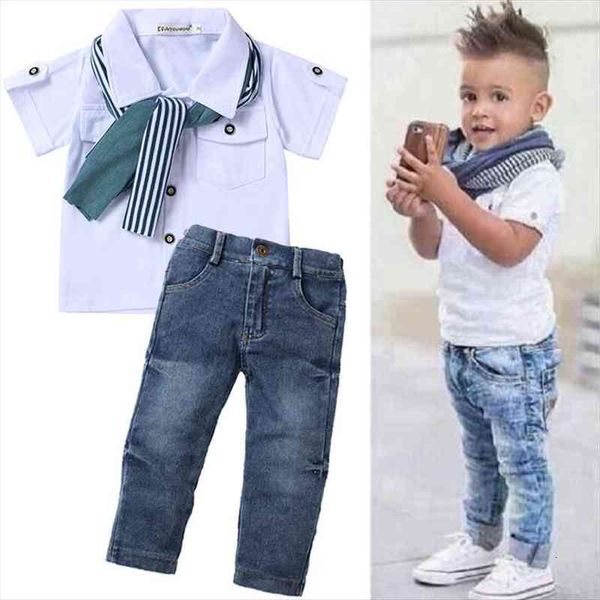 spring boys clothing sets short t shirt jeans scarf 3 pcs baby clothes kids suit for years old children, White 
spring boys clothing sets short t shirt jeans scarf 3 pcs baby clothes kids suit for years old children, White
