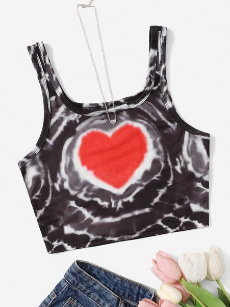 heart print tie dye tank x17h#, White