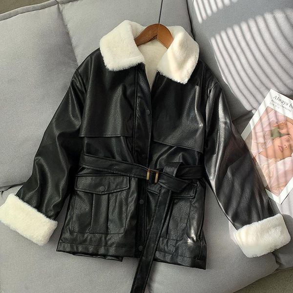 women's down & parkas 2021 winter jacket women korean fashion pu fur one-piece collar lace up plush motorcycle cotton coat manteau femm, Black
women's down & parkas 2021 winter jacket women korean fashion pu fur one-piece collar lace up plush motorcycle cotton coat manteau femm, Black