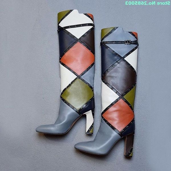boots square mixed colors pointed toe rivet knee high thick heels women fashion autume winter party dress long shoes, Black
boots square mixed colors pointed toe rivet knee high thick heels women fashion autume winter party dress long shoes, Black