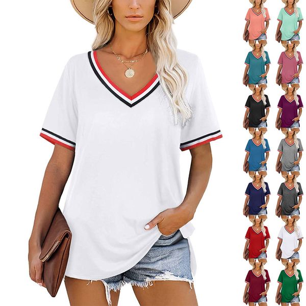 women's t-shirt tees striped stitching fashion split loose short sleeve v-neck, White
women's t-shirt tees striped stitching fashion split loose short sleeve v-neck, White