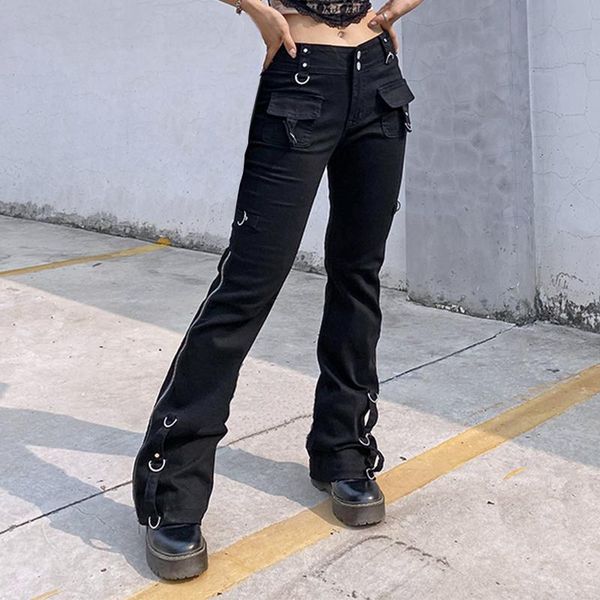 women's jeans lady high waist pants y2k women metal rings wide trousers zipper pockets for autumn fall, clothing, Blue