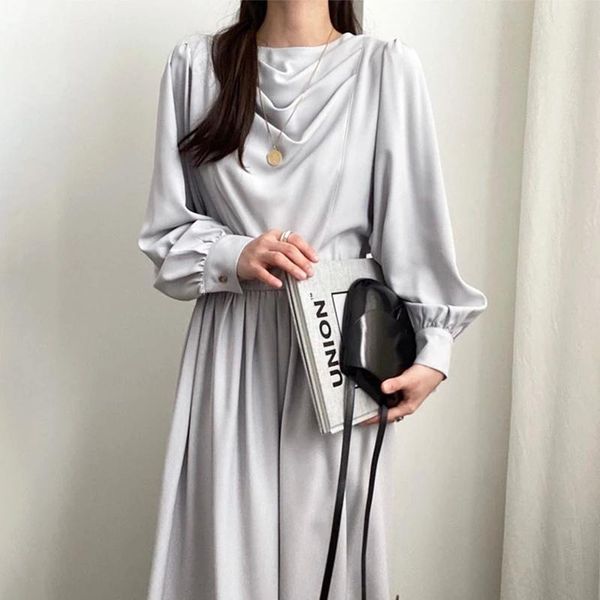 casual dresses spring autumn korean-style round neck pleated waist loose ankle-length lantern sleeve dress, Black;gray
casual dresses spring autumn korean-style round neck pleated waist loose ankle-length lantern sleeve dress, Black;gray