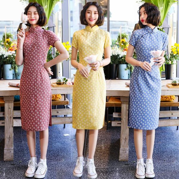 ethnic clothing daily cheongsam girl 2021 spring and summer small fresh cotton linen long female slim qipao natural real women, Red