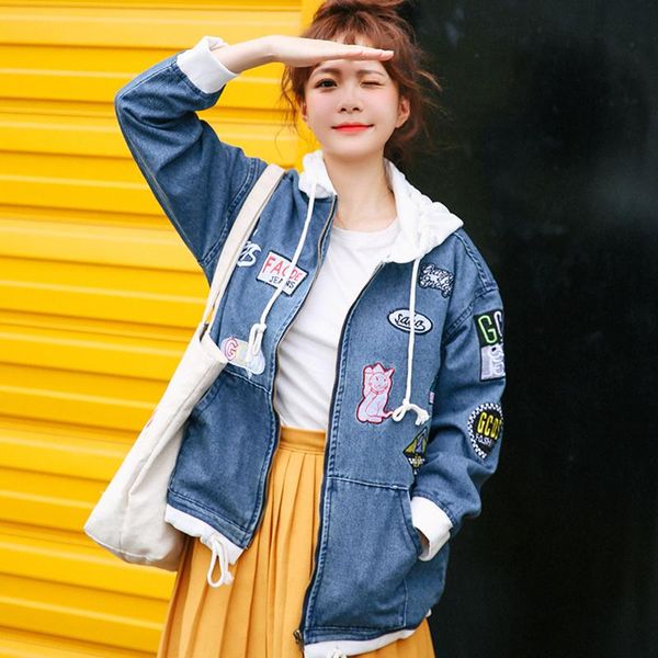 women's jackets spring autumn korea style long loose jacket hooded straight cowboy denim big size women casual embroidery coat, Black;brown