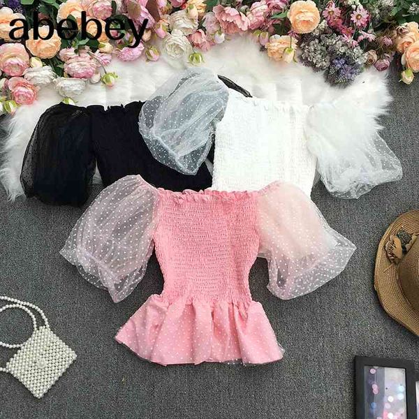 women summer sweet slash neck puff sleeve shirt pleated waist ruffles mesh patchwork short shirt 210715, White
women summer sweet slash neck puff sleeve shirt pleated waist ruffles mesh patchwork short shirt 210715, White