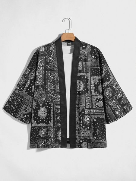 men open front paisley print drop shoulder kimono shirt s1td#, White;black 
men open front paisley print drop shoulder kimono shirt s1td#, White;black