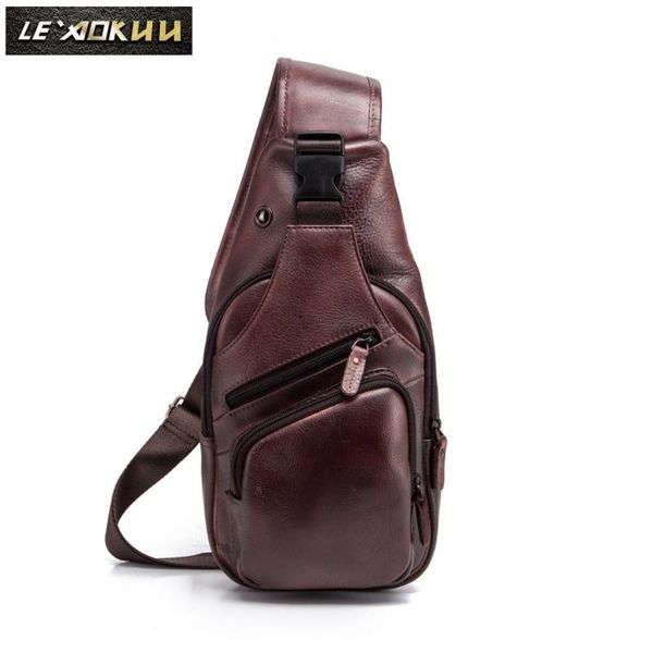 men quality original leather casual fashion triangle chest sling bag 8" tablet design one shoulder cross body male 8015w waist bags