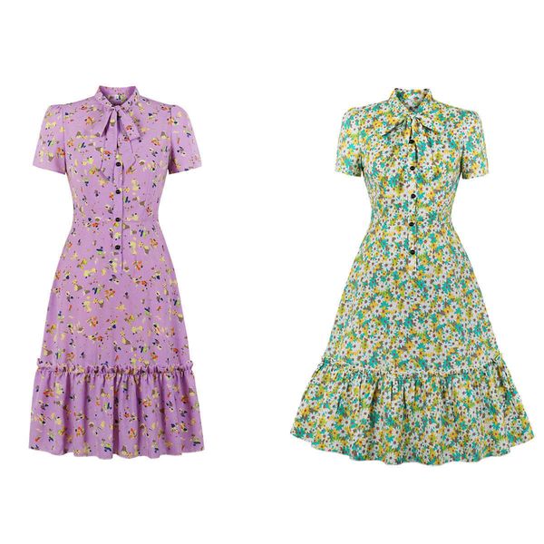 stand collar floral dress with ruffle mid length skirt, Black;gray