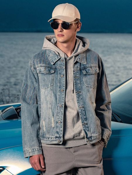 men flap pocket ripped denim jacket without hoodie w6vx#, Blue