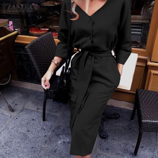 casual dresses autumn women v neck 3/4 sleeve fashion ol party elegant sundress solid robe femme buttons down mid-calf vestidos zanzea, Black;gray
casual dresses autumn women v neck 3/4 sleeve fashion ol party elegant sundress solid robe femme buttons down mid-calf vestidos zanzea, Black;gray