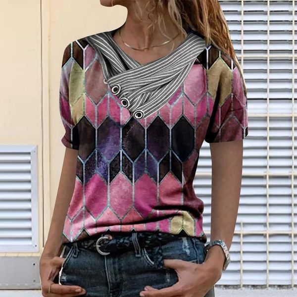 women's t-shirt geometric print women summer tie-dye printed embroidery collar splicing sleeve pullover plus size clothing, White
women's t-shirt geometric print women summer tie-dye printed embroidery collar splicing sleeve pullover plus size clothing, White