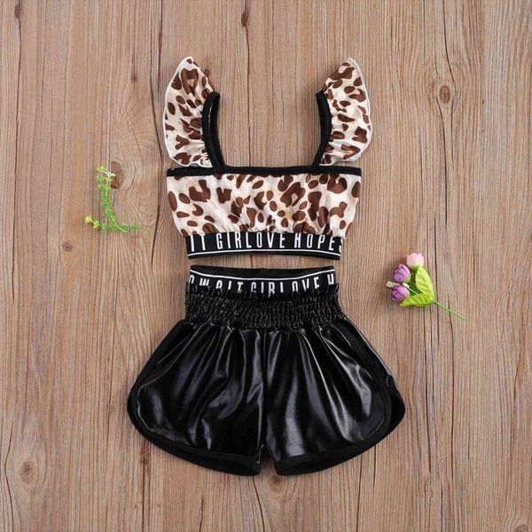 girls two piece set childrens leopard print sleeveless ruffle shoulder vest lettering belt stretch shorts, White
girls two piece set childrens leopard print sleeveless ruffle shoulder vest lettering belt stretch shorts, White