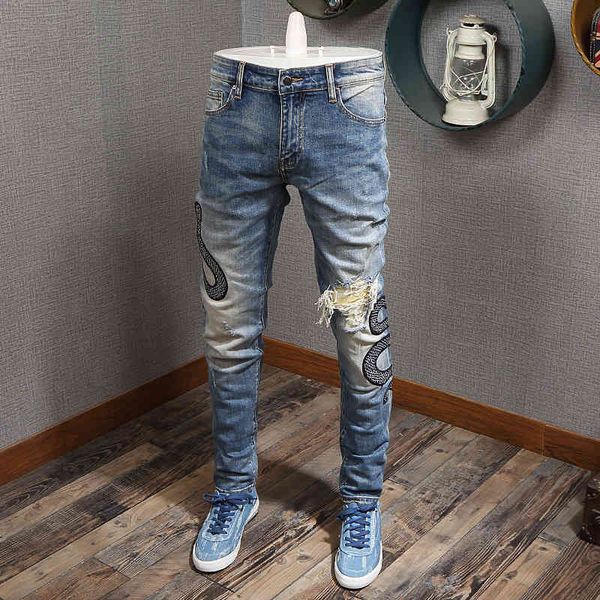 jeans fashion streetwear slim fit snake embroidery designer ripped men destroyed punk pants hip hop jeans, Blue
jeans fashion streetwear slim fit snake embroidery designer ripped men destroyed punk pants hip hop jeans, Blue