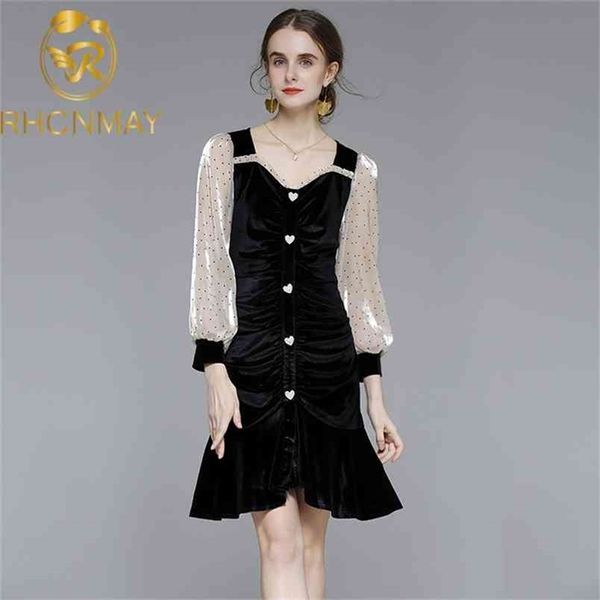 vintage autumn mermaid dress designer women velvet patchwork wave point heart love beading button ruffles party vestidos 210506, Black;gray 
vintage autumn mermaid dress designer women velvet patchwork wave point heart love beading button ruffles party vestidos 210506, Black;gray