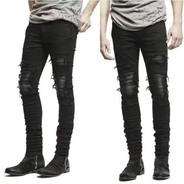 men's jeans street ripped high patchwork leather flow ruffled black slim mens casual, Blue
men's jeans street ripped high patchwork leather flow ruffled black slim mens casual, Blue