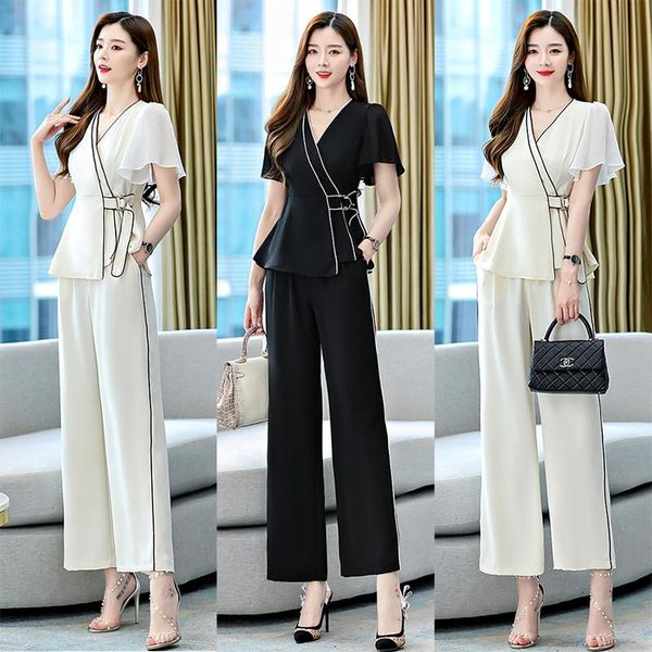 women's two piece pants 2021 summer women pieces sets short petal sleeve v-neck blouse shirt +long wide leg trousers lady 2, White
women's two piece pants 2021 summer women pieces sets short petal sleeve v-neck blouse shirt +long wide leg trousers lady 2, White