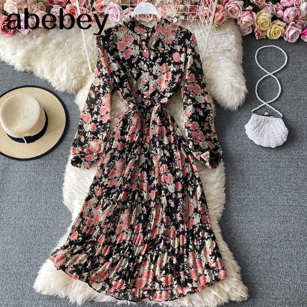 spring autumn fashion temperament floral dress stand-up collar puff sleeve waist thin pleated mid-length dress 210715, Black;gray
spring autumn fashion temperament floral dress stand-up collar puff sleeve waist thin pleated mid-length dress 210715, Black;gray