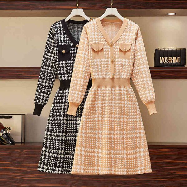 autumn winter knitting houndstooth sweater women pocket v neck golden button long-sleeved elegant a-line dress above knee 210416, Black;gray
autumn winter knitting houndstooth sweater women pocket v neck golden button long-sleeved elegant a-line dress above knee 210416, Black;gray
