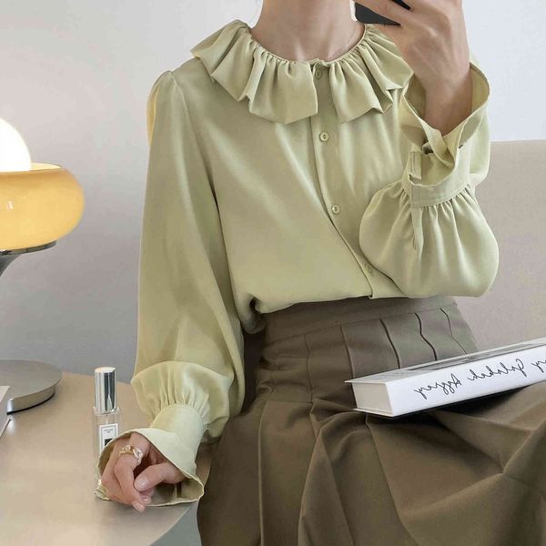 women's blouses & shirts elegant ruffle shirt 2021 spring women solid flared sleeve casual blousers french round neck single breas, White
women's blouses & shirts elegant ruffle shirt 2021 spring women solid flared sleeve casual blousers french round neck single breas, White