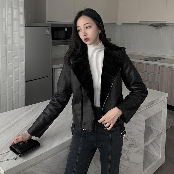 women's leather & faux women thick fur sheepskin coat female winter lapel belt berber fleece pu jacket casual warm outerwear, Black
women's leather & faux women thick fur sheepskin coat female winter lapel belt berber fleece pu jacket casual warm outerwear, Black