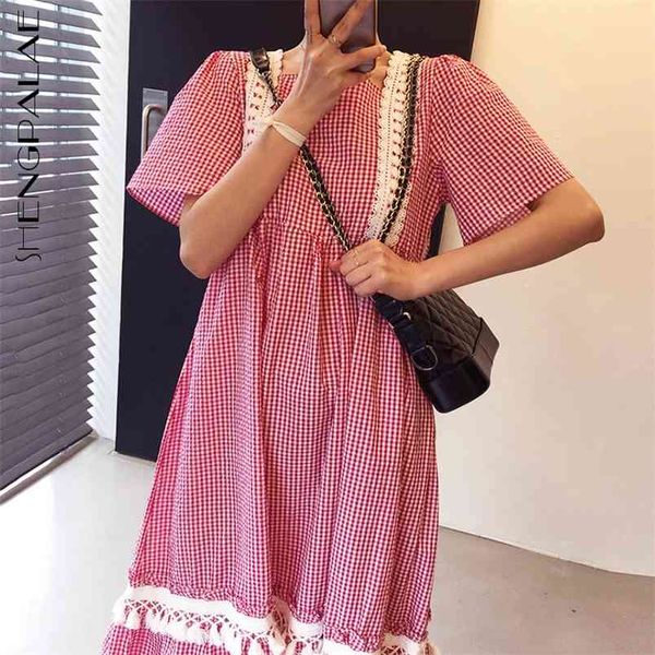 sweet plaid spliced lace dress women's summer square collor loose waist short sleeve knee-length dresses 210427, White
sweet plaid spliced lace dress women's summer square collor loose waist short sleeve knee-length dresses 210427, White