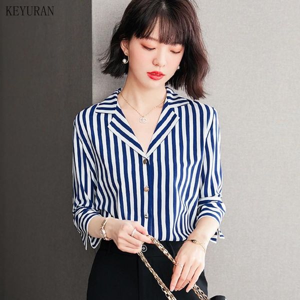 women's blouses & shirts blue vertical striped shirt summer casual fashion three quarter stripe buttons, White
women's blouses & shirts blue vertical striped shirt summer casual fashion three quarter stripe buttons, White