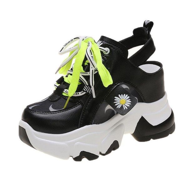 women sport sandals 10cm wedge hollow out outdoor cool platform sneakers daisy woman beach summer shoes, Black
