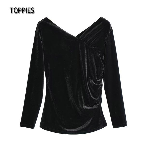 ies women spring long sleeve shirt vintage velvet v neck soft black slim base shirt 210412, White 
ies women spring long sleeve shirt vintage velvet v neck soft black slim base shirt 210412, White