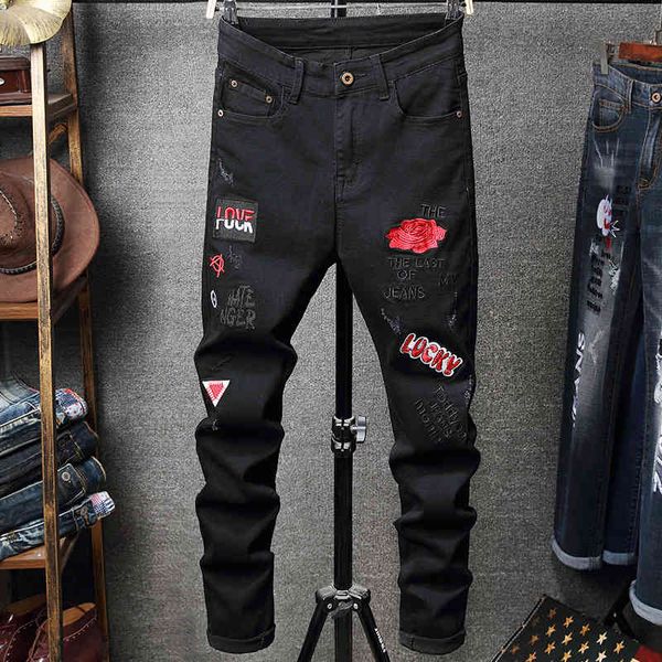 fashion jeans design style wind break elastic black embroidered letter slim pants 2023, Blue
fashion jeans design style wind break elastic black embroidered letter slim pants 2023, Blue