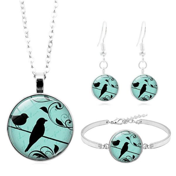 earrings & necklace valentine gifts fashion jewelry set cute bird silhouette pattern cabochon glass bracelet earring sets for women, Silver 
earrings & necklace valentine gifts fashion jewelry set cute bird silhouette pattern cabochon glass bracelet earring sets for women, Silver