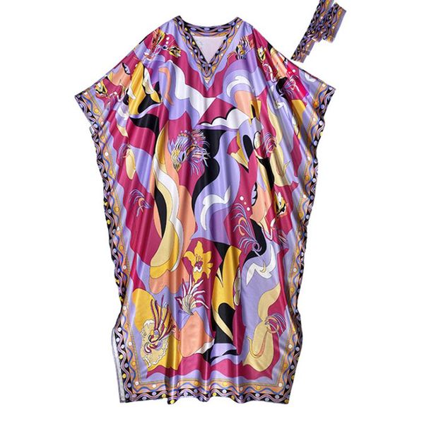 women's runway dresses o neck batwing sleeves printed loose design fashion long robes with belt, Black
women's runway dresses o neck batwing sleeves printed loose design fashion long robes with belt, Black