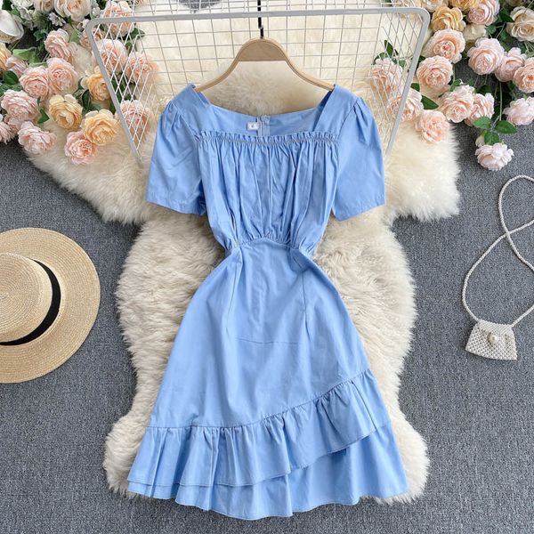 two piece dress blue elegant short sleeve square collar ruched slim irregular ruffles french vintage casual women summer qp57, White
two piece dress blue elegant short sleeve square collar ruched slim irregular ruffles french vintage casual women summer qp57, White