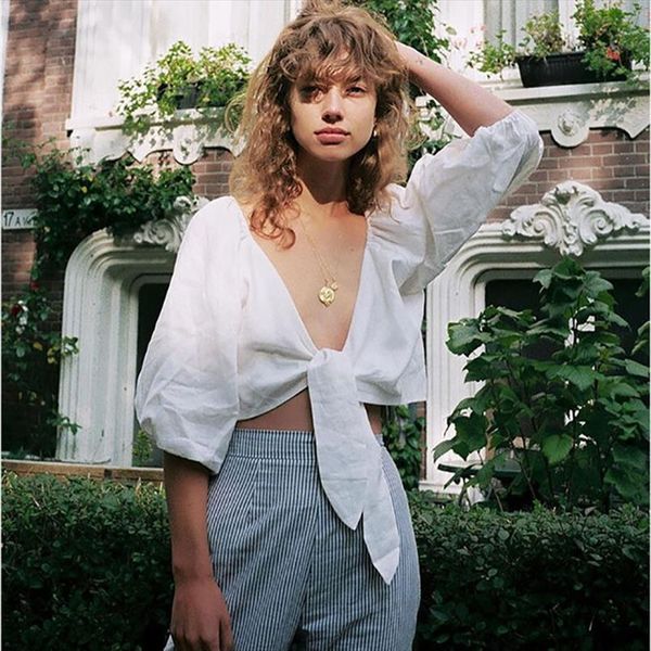 half sleeve crop women shirt v neck warp summer, White 
half sleeve crop women shirt v neck warp summer, White