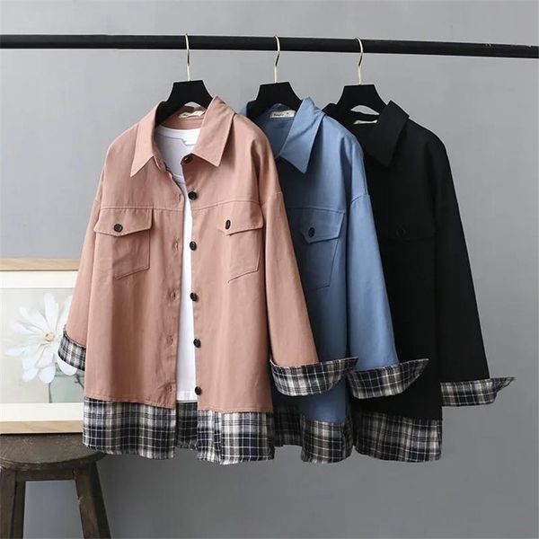 spliced plaid fake-two shirt jacket women plus size clothing korean loose turndown collar coats streetwear spring casual outwear women', Black;brown
spliced plaid fake-two shirt jacket women plus size clothing korean loose turndown collar coats streetwear spring casual outwear women', Black;brown