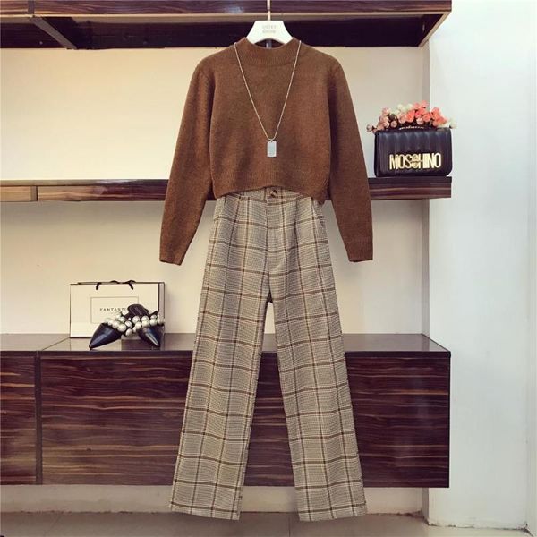 two piece dress knitted long sleeve fashion o-neck women short sweaters +winter plaid woollen cloth high waist wide leg pants casual set, White
two piece dress knitted long sleeve fashion o-neck women short sweaters +winter plaid woollen cloth high waist wide leg pants casual set, White