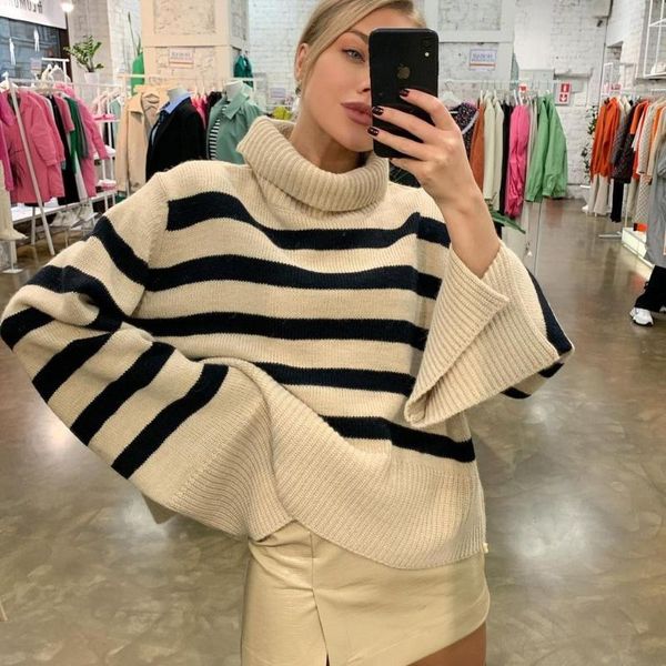 women's sweaters autumn and winter striped versatile high-end slit fashion casual loose sweater, White;black
women's sweaters autumn and winter striped versatile high-end slit fashion casual loose sweater, White;black