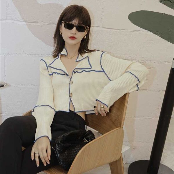women's sweaters contrast stitch cropped cardigan women long sleeve button up sweater ribbed knitted korean fashion a603, White;black
women's sweaters contrast stitch cropped cardigan women long sleeve button up sweater ribbed knitted korean fashion a603, White;black