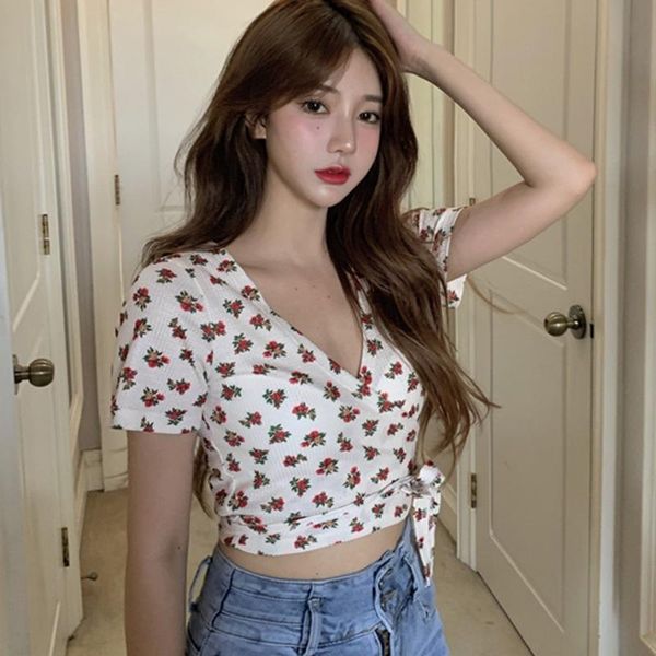 women's t-shirt summer v-neck lace up thin tees slim t-shirts women floral short sleeve, White
women's t-shirt summer v-neck lace up thin tees slim t-shirts women floral short sleeve, White