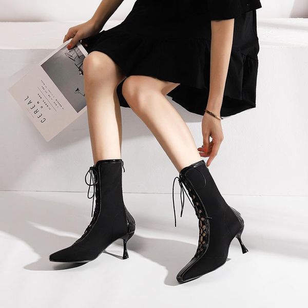 boots autumn style women's high heel thin lace up short transparent mesh breathable shoes pointed elastic, Black
boots autumn style women's high heel thin lace up short transparent mesh breathable shoes pointed elastic, Black