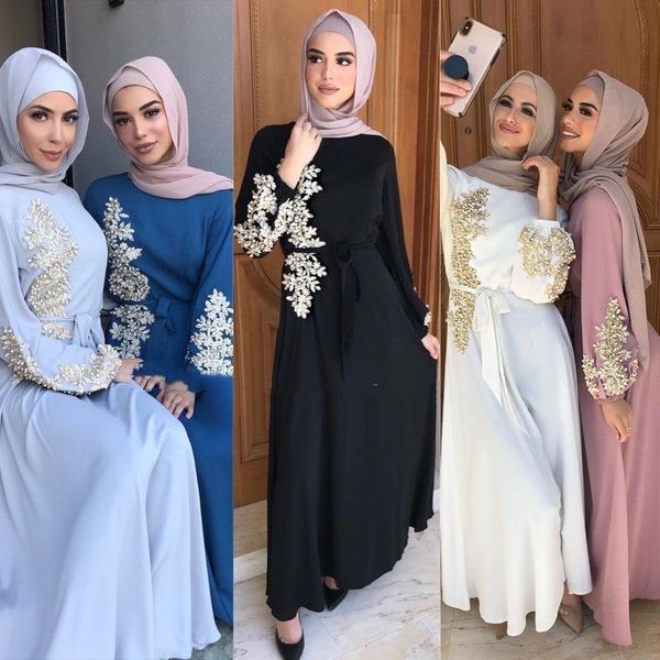 ethnic clothing women's lace beaded loose long skirt arabian ladies robe muslim dress, Red