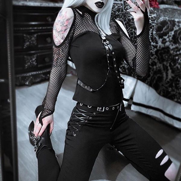 women's t-shirt 2021 gothic mesh t shirt women see through punk bandage off shoulder tshirt black harajuku goth tshits long sleeve, White
women's t-shirt 2021 gothic mesh t shirt women see through punk bandage off shoulder tshirt black harajuku goth tshits long sleeve, White
